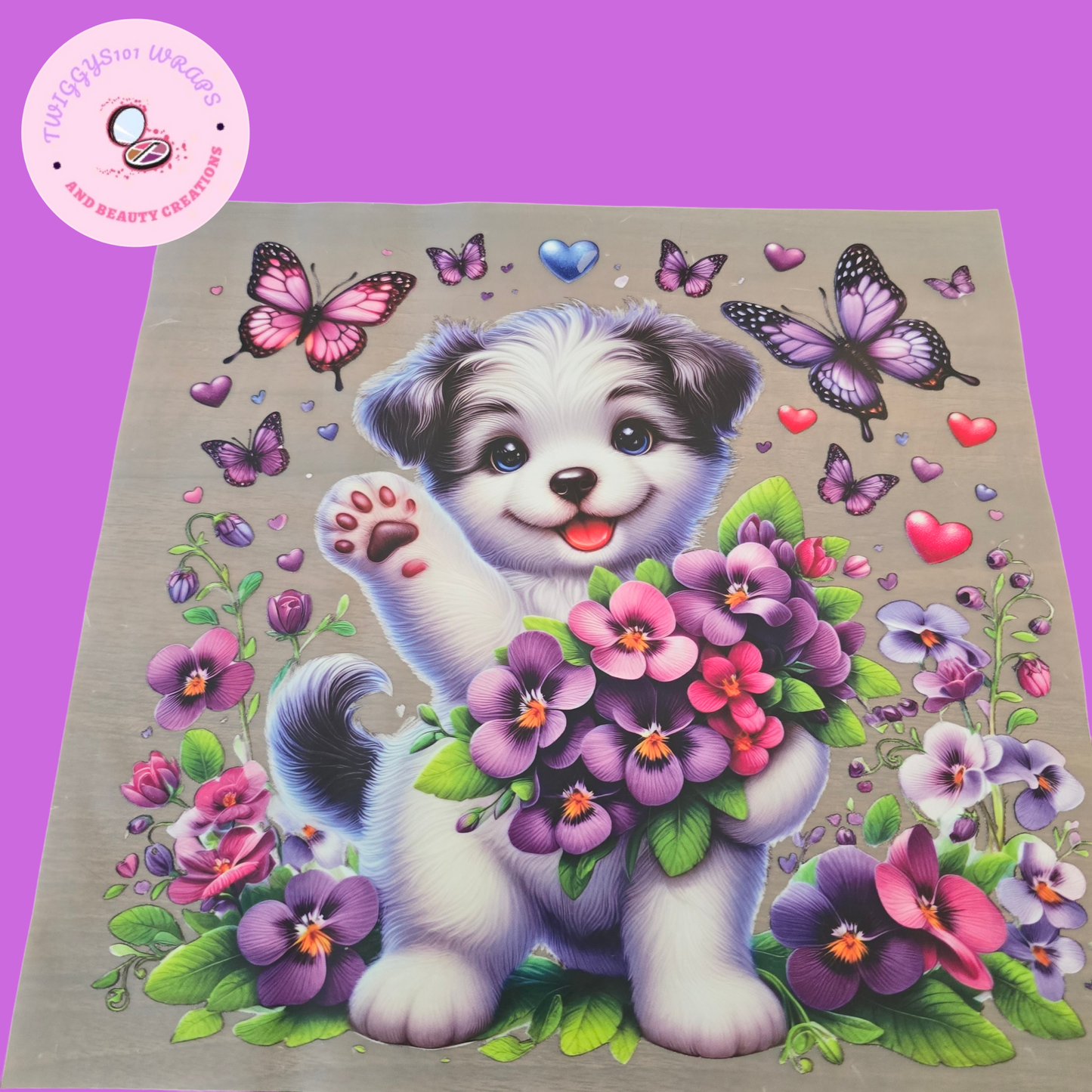 PURPLE FLOWER BUTTERFLY AND DOG LARGE HEAT TRANSFER
