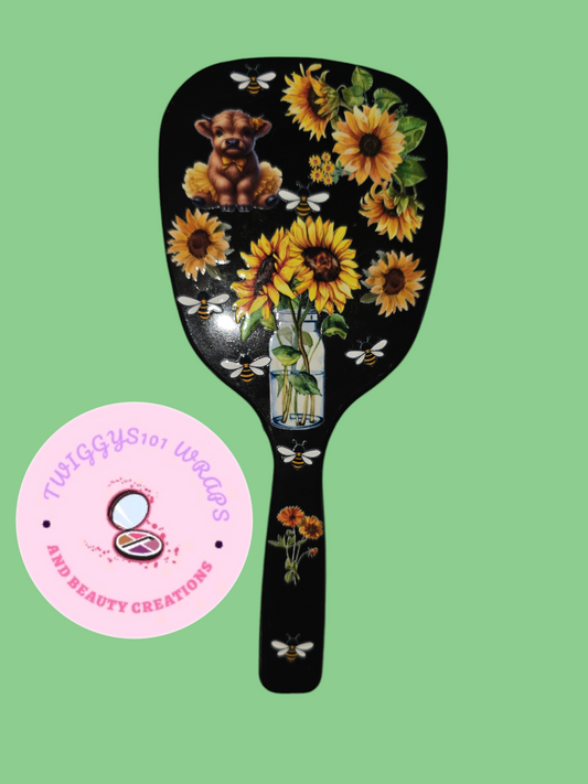 ADULT HANDHELD SUNFLOWER AND HIGHLAND COW MIRROR