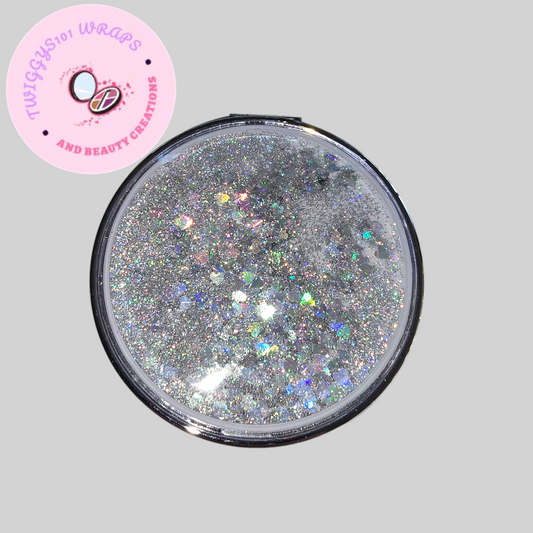 SNOWGLOBE GLITTER SILVER CUSTOMISED COMPACT MIRROR