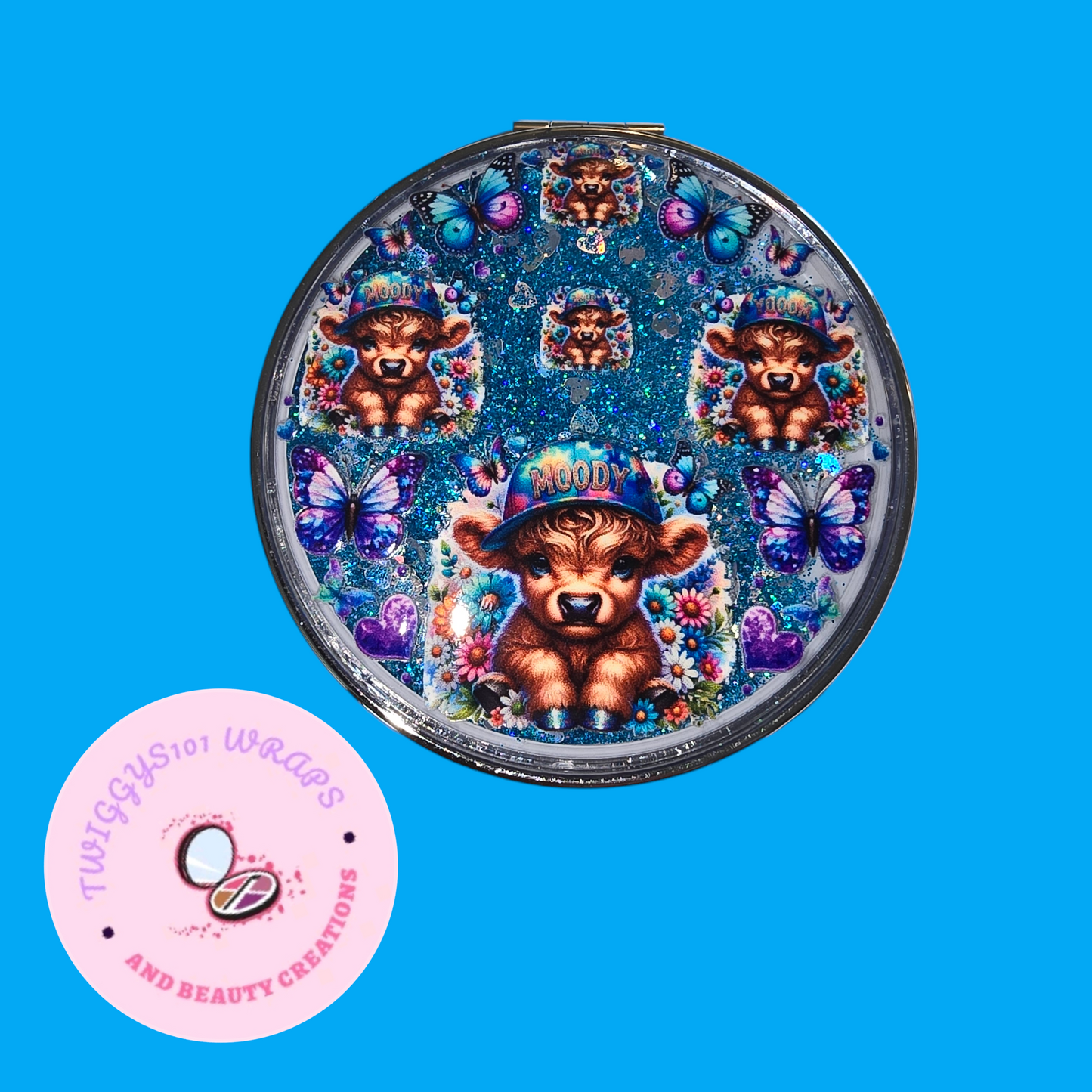 SNOWGLOBE BLUE HIGHLAND COW COMPACT MIRROR