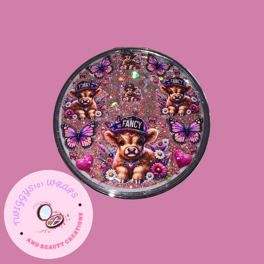 SNOWGLOBE PINK HIGHLAND COW COMPACT MIRROR