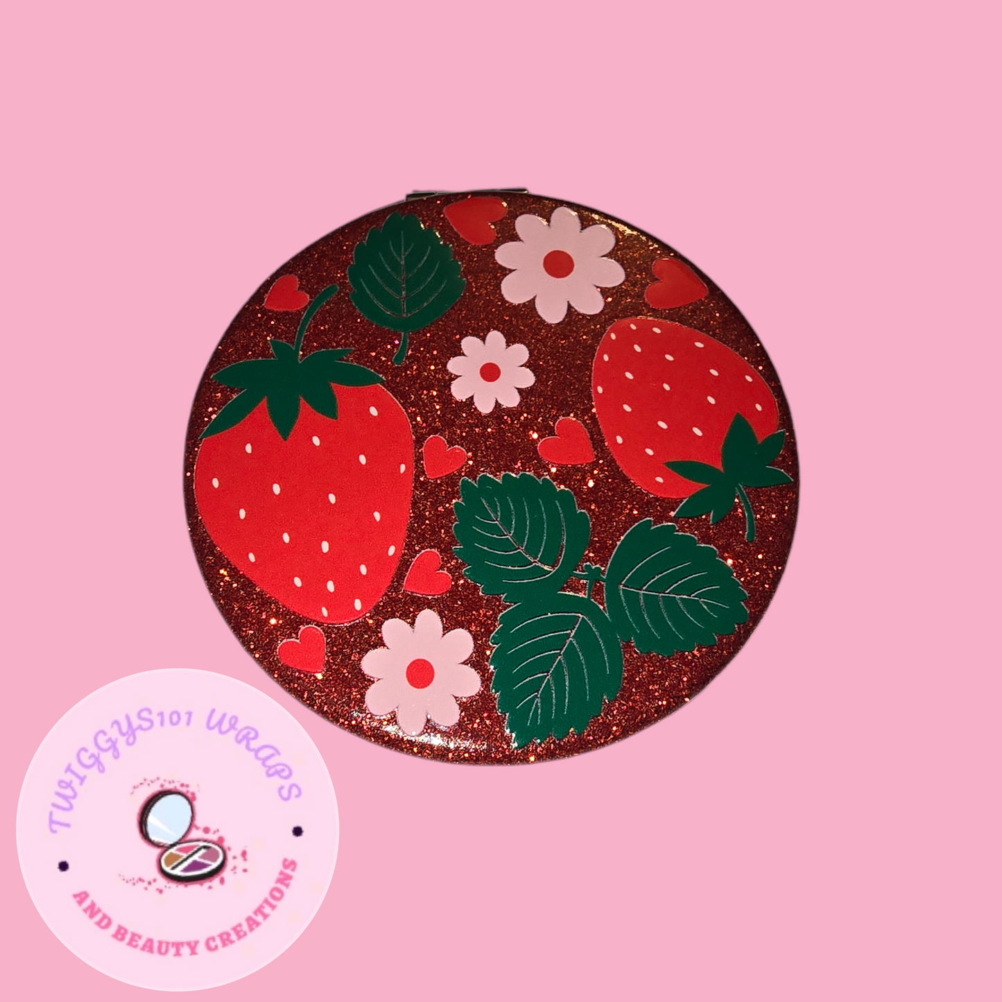 GLITTER RED STRAWBERRIES COMPACT MIRROR