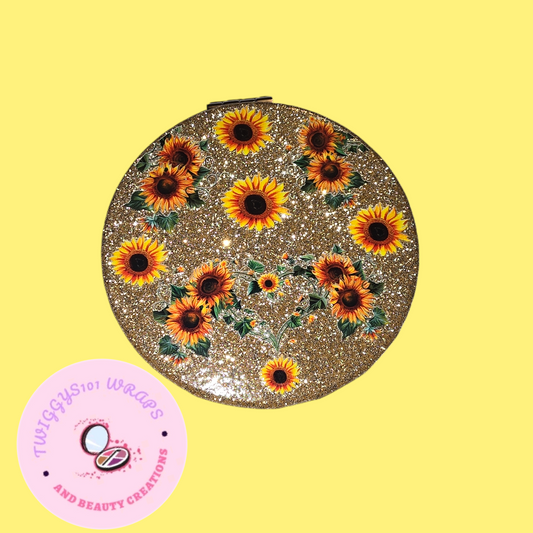 GLITTER GOLD SUNFLOWER COMPACT MIRROR