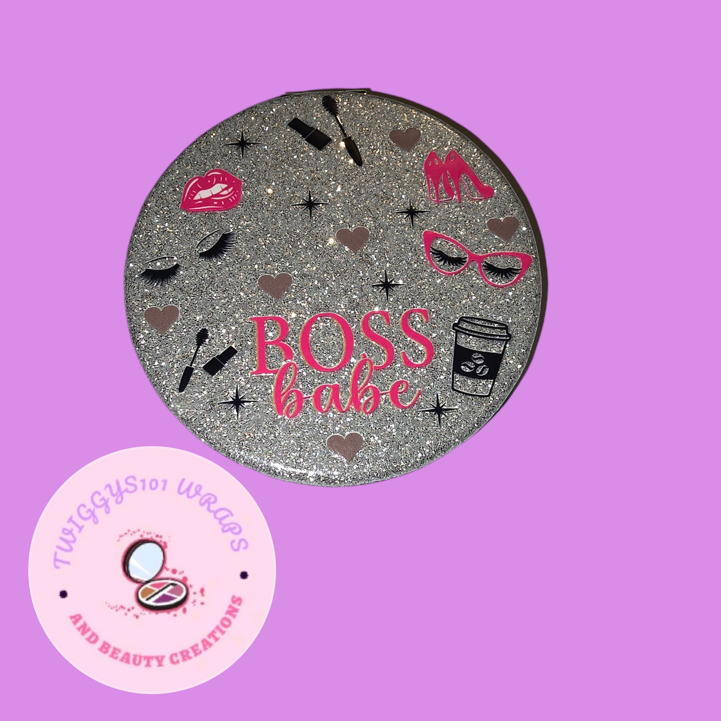 GLITTER SILVER BOSS BABE COMPACT MIRROR