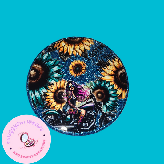 GLITTER BLUE SUNFLOWER TATTOO COMPACT MIRROR