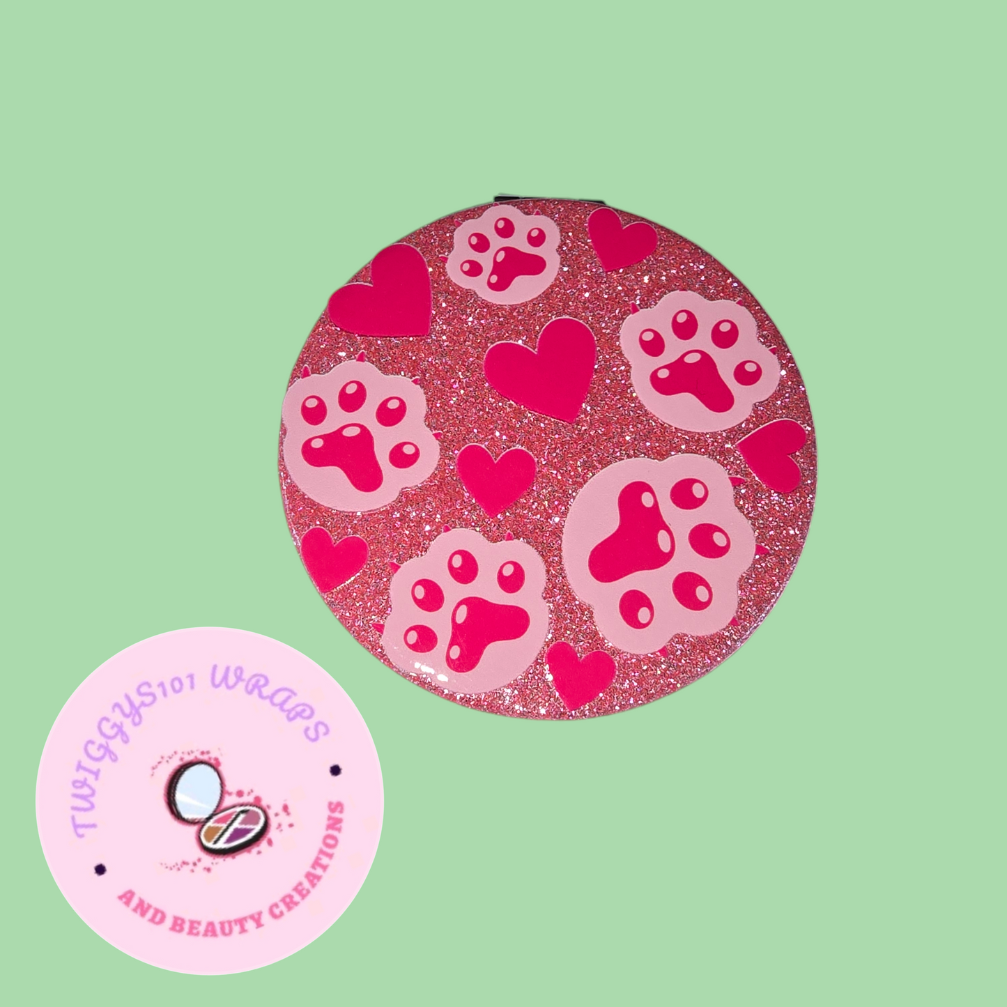 ADULT PAW PRINT GLITTER PINK COMPACT MIRROR