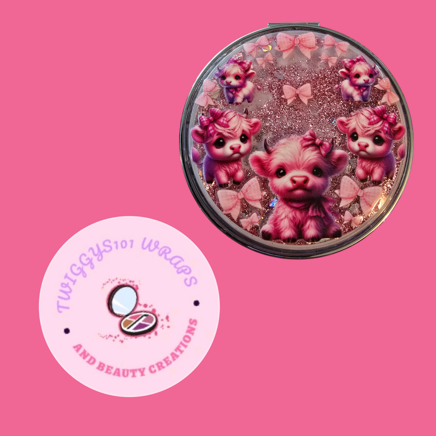 SNOWGLOBE PINK HIGHLAND COWS COMPACT MIRROR