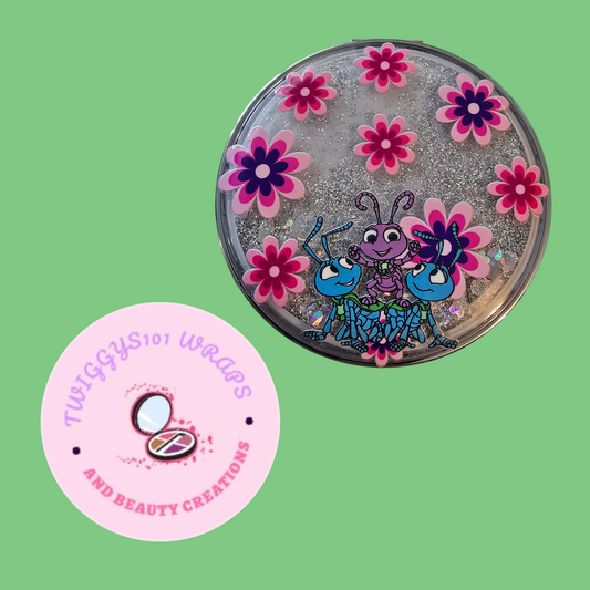 SNOWGLOBE SILVER ANTS AND FLOWER COMPACT MIRROR