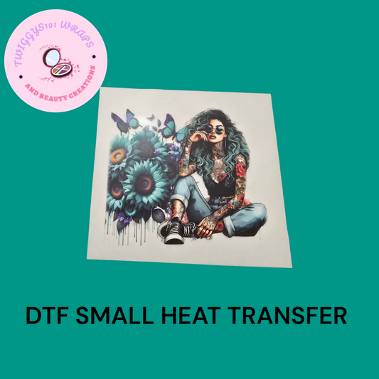 BLUE HAIR TATTOO GIRL SMALL HEAT TRANSFER DTF