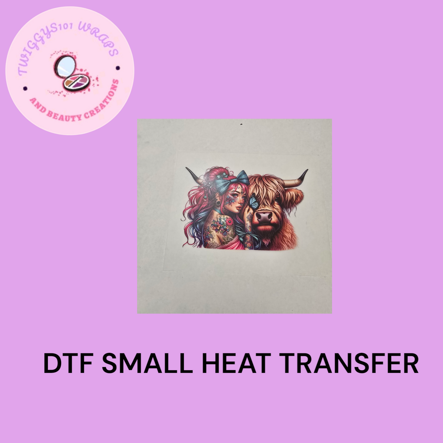 TATTOO GIRL AND HIGHLAND COW SMALL HEAT TRANSFER DTF