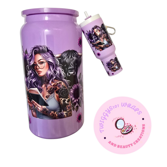 PURPLE HIGHLANDCOW BOOK TATTOOGIRL STAINLESS STEAL AND MINI TUMBLER SET